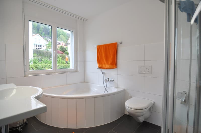 Nasszelle mit Eckbadewanne, Dusche, WC, etc.