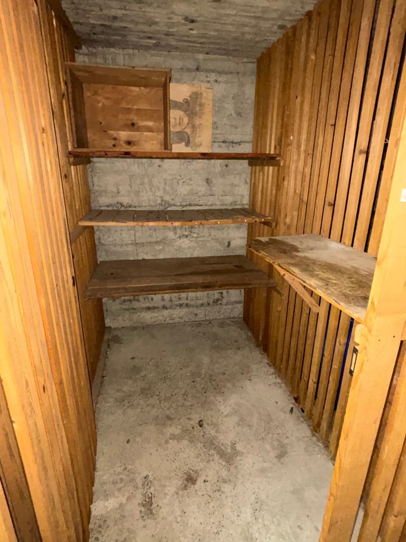 Wooden shelves, concrete floor, blank walls