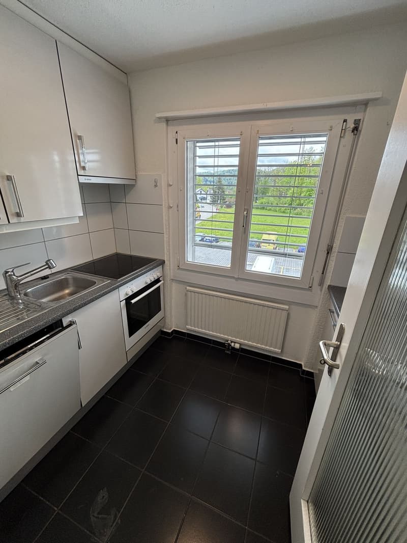 modern kitchen with white cabinets, black tiled floor, sink, stove, oven, window with view
