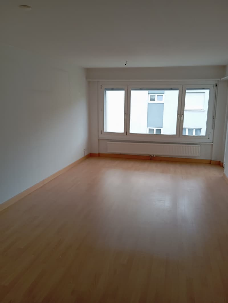 empty room, wooden floor, white walls, large windows, white radiator