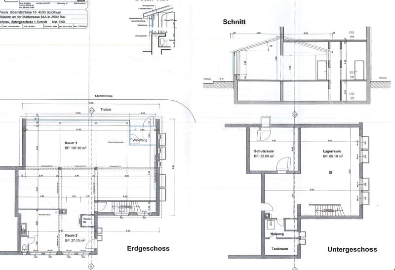 The image shows the floor plan of a property. It consists of an underground floor, a ground floor, and a section view. The ground floor includes a living room (Raum 1) with an area of 107.80 m², a storage room (Raum 2) with an area of 27.15 m², and a tech