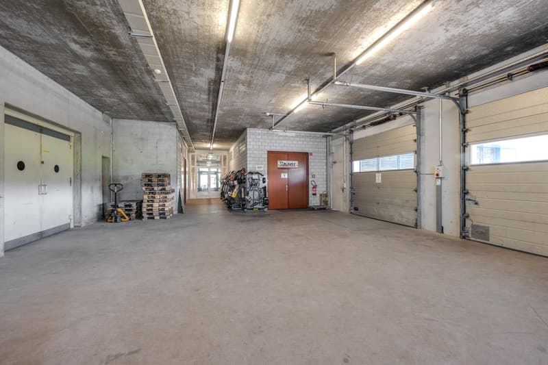 Large open commercial space with concrete walls and ceiling, exposed pipes and lighting, garage door, and storage area with pallets