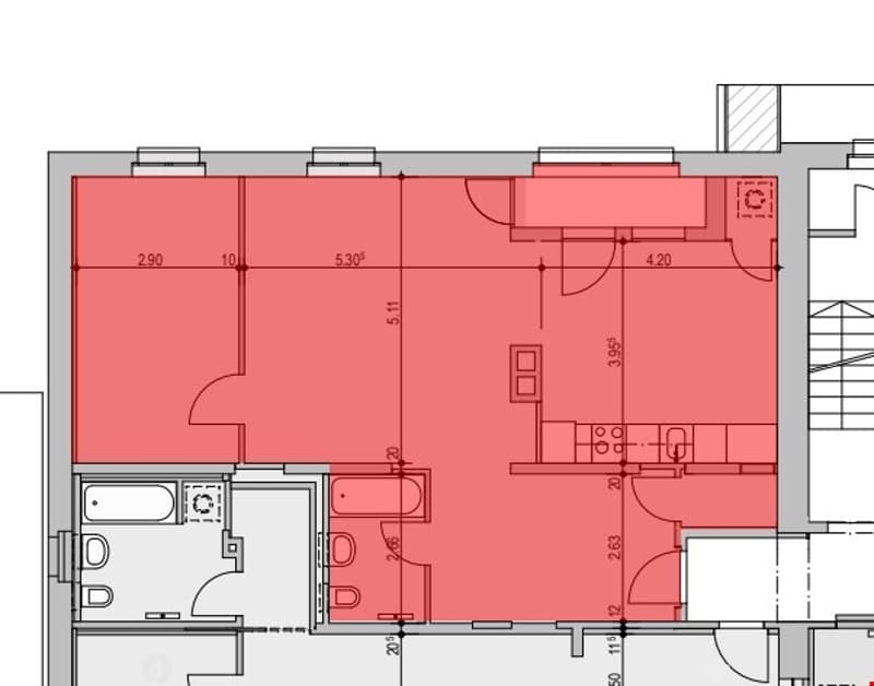 Living room, kitchen, 2 bedrooms, bathroom, balcony