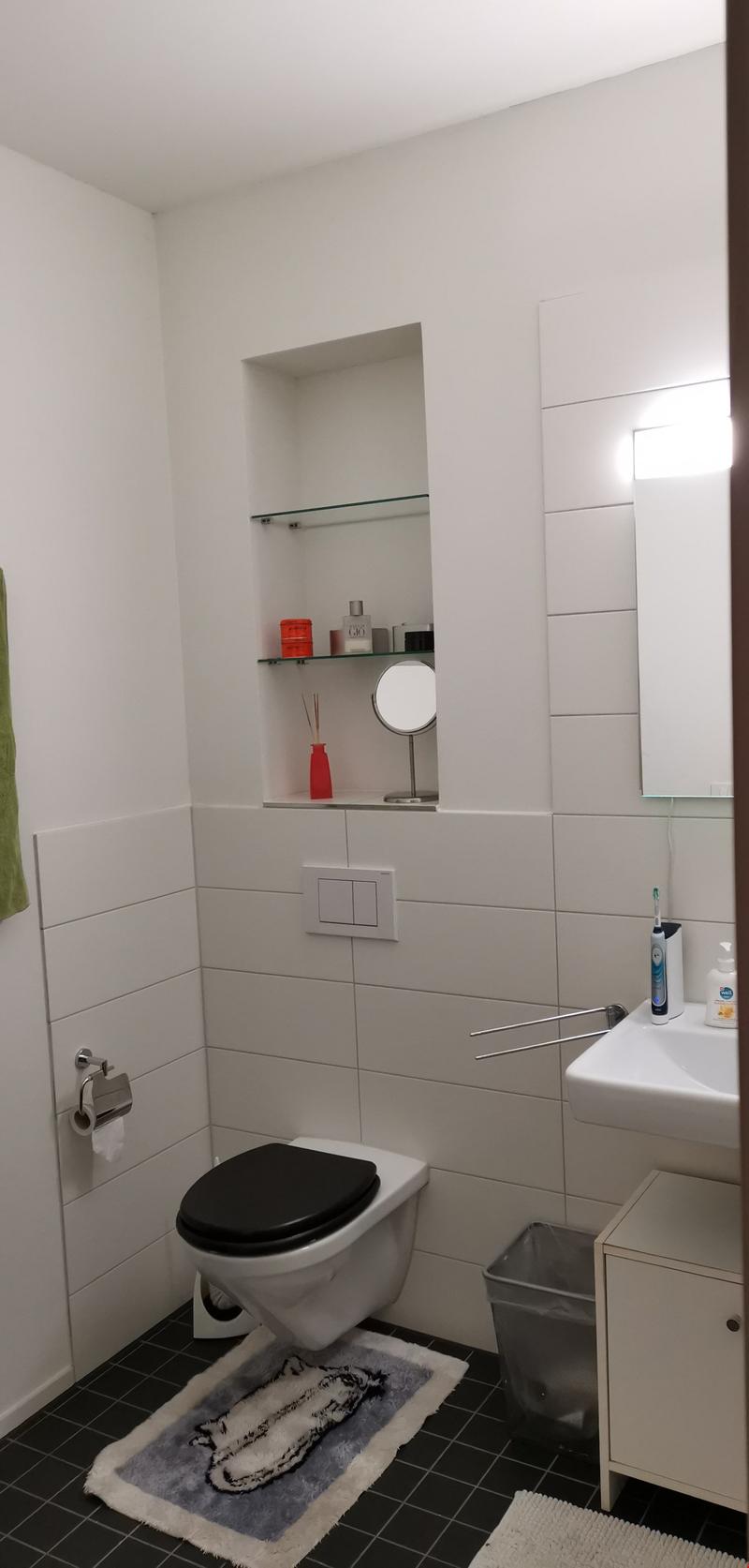 white tiles, black floor, white toilet, white sink, white cabinet, small shelf with a mirror, toiletries on the shelf, a rug, a trash can