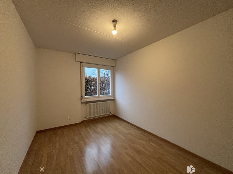 Empty room with wooden floors, white walls, single window with white frame, ceiling lamp, white radiator.