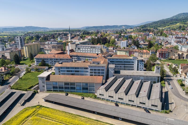 large building complex, many buildings, industrial buildings, solar panels, multiple cars parked in the parking lot, greenery around the buildings