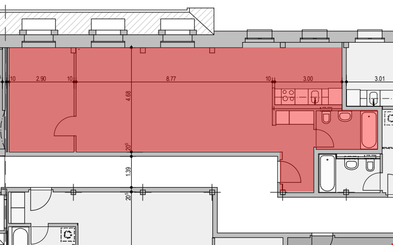 Floor plan showing living room, kitchen, 2 bedrooms, 2 bathrooms, and balcony.