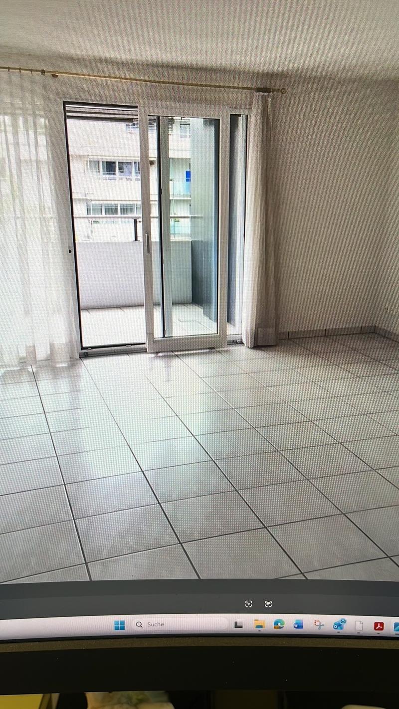 empty room, sliding glass doors, balcony, tiled floor, white curtains