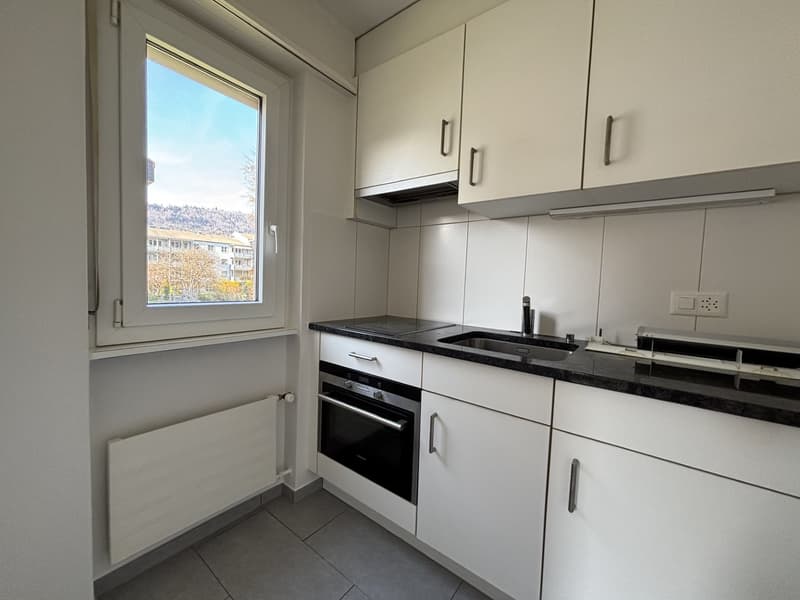 modern kitchen with white cabinets, black countertops, built-in oven, sink, window with view