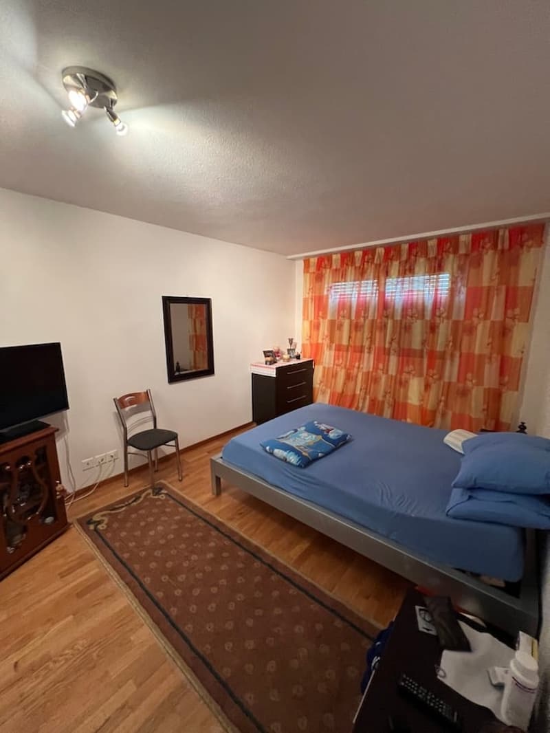 bedroom with bed, chair, TV, mirror, cabinet, rug, and curtains