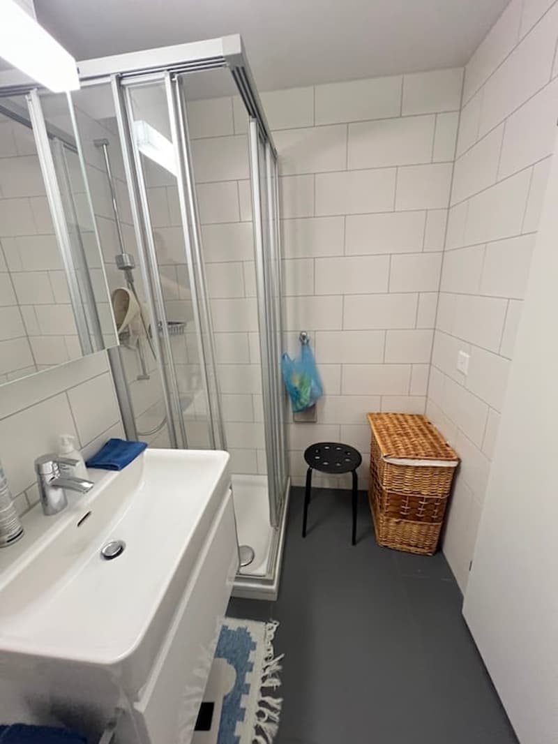 white tiles, glass shower, white sink, stool, basket, mirror