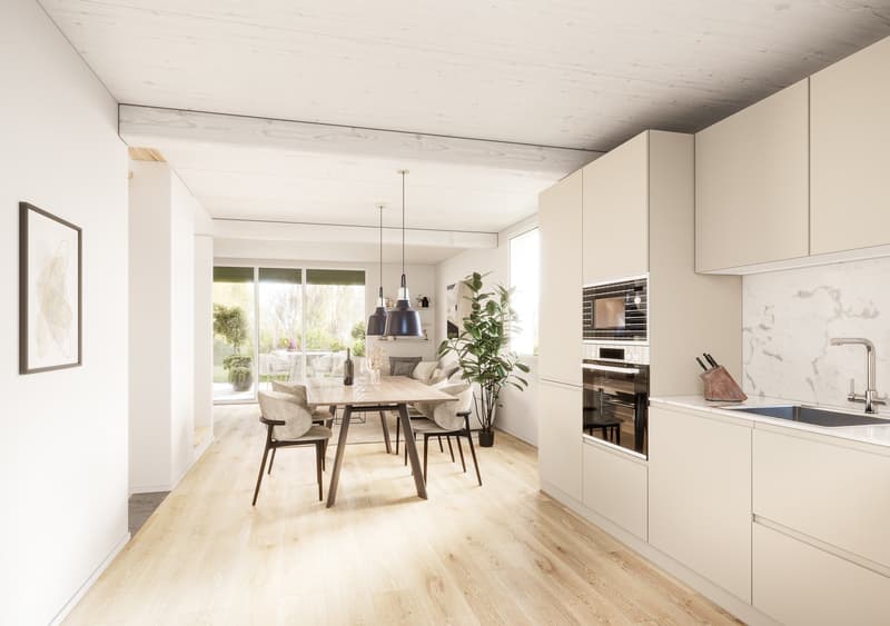 Dining room, kitchen, living room, balcony, windows, wooden floor, modern furniture, kitchen appliances