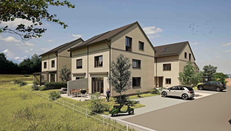 3 story house, brown roof, beige walls, 3 balconies, 2 cars parked, green lawn, trees, fence