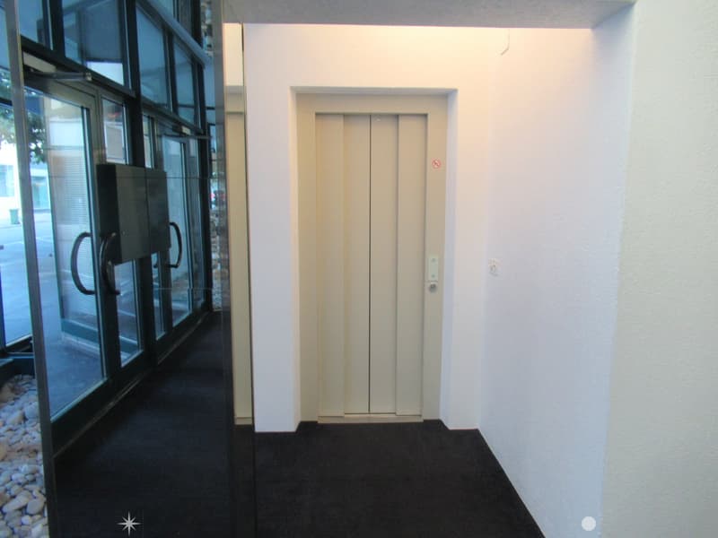Glass doors leading to entrance hall, elevator, white walls, black carpet, sliding glass doors