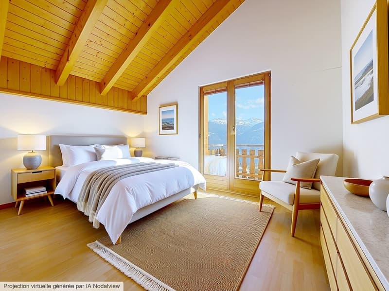 bedroom with wooden ceiling, large bed, nightstands, lamps, rug, chair, balcony, picture frames, wooden floor
