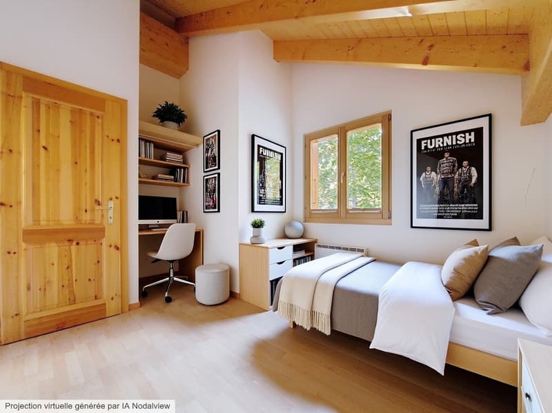 bedroom with bed, desk, chair, shelves, posters, plants, radiator, wooden floor, wooden door