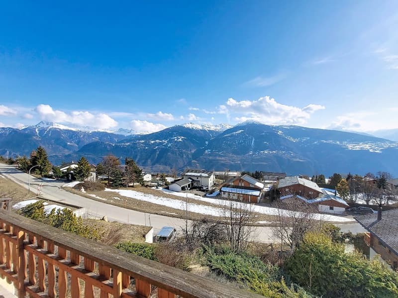 Mountain view, wooden fence, road, houses, snow, trees, mountains