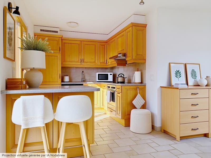 modern kitchen, wooden cabinets, granite countertop, white appliances, white stools, white towels, white lamp, white plant, white frames, white ottoman, white tiles