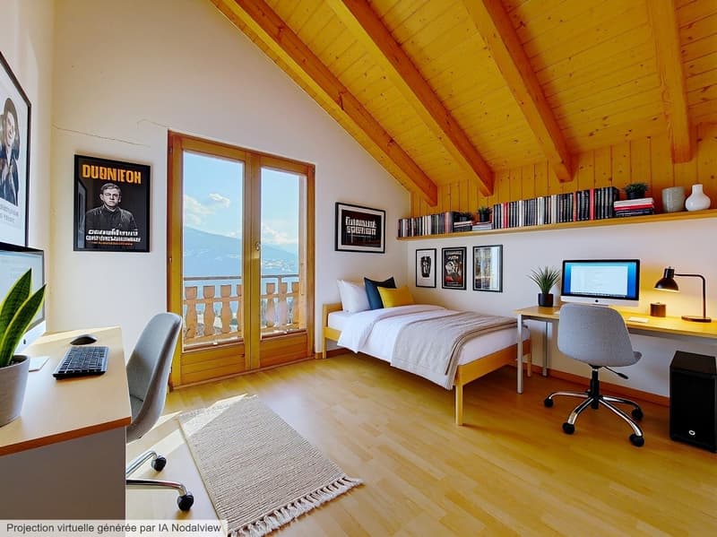 bedroom with bed, desk, chair, monitor, keyboard, mouse, rug, balcony with view