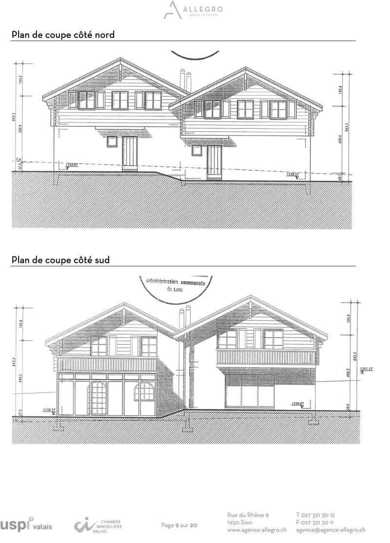 2 story house, north and south side elevation, multiple windows, doors, chimneys, measurements