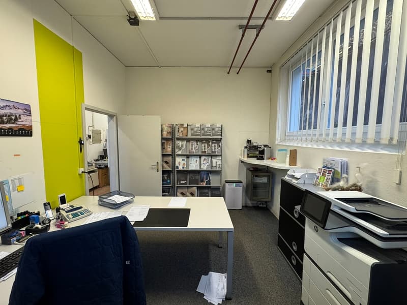 desk with chair, printer, storage boxes, monitor, keyboard, paper, desk lamp, coffee maker, shelves