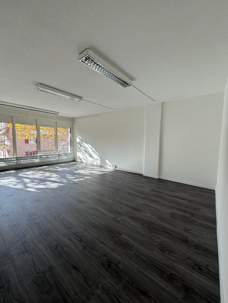 Empty room with white walls, wooden floor, large windows, and ceiling lights