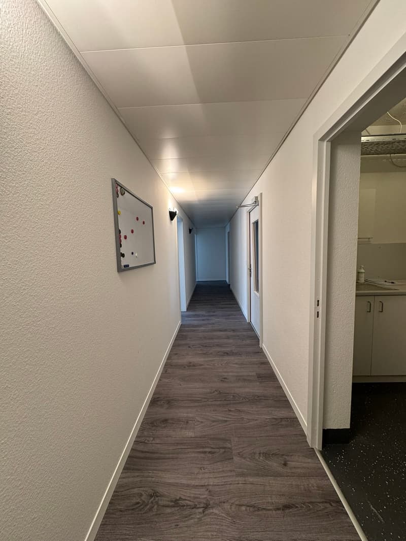 Empty hallway with wooden floor, white walls, and ceiling lights