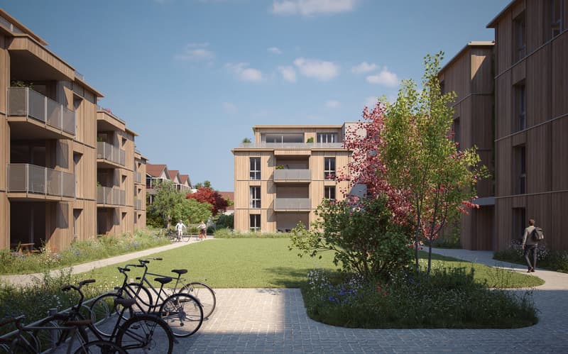 residential building, wooden exterior, balconies, paved walkway, bicycles, green lawn