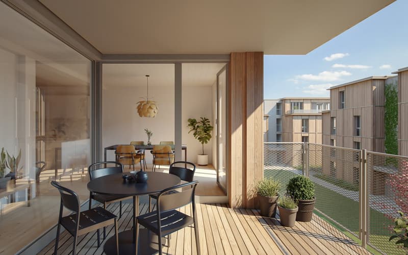 Wooden flooring, round black table, yellow chairs, potted plants, railing, hanging lamp, dining table in the interior