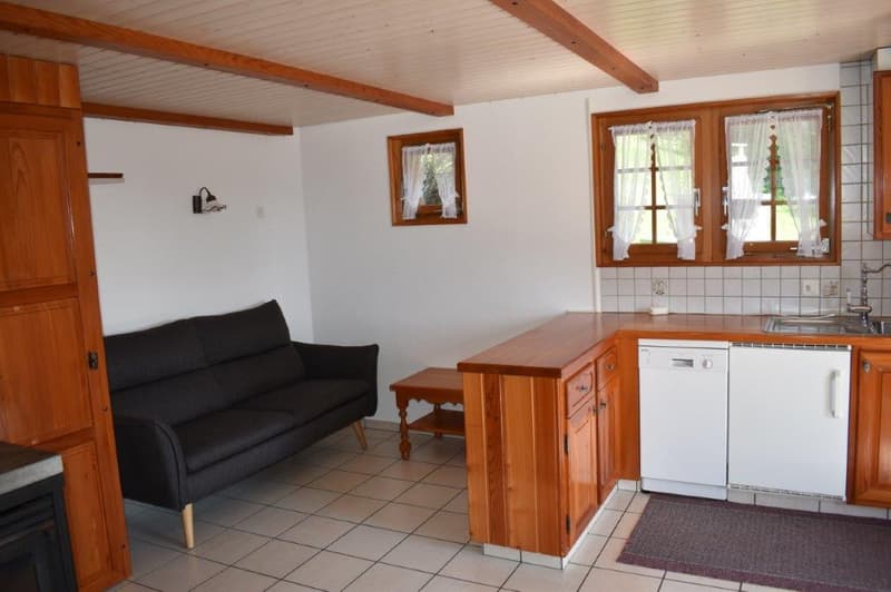 The image shows a combined living room and kitchen area. The living room has a black sofa, and the kitchen area has wooden cabinets, a dishwasher, and a tiled floor. The room has wooden beams on the ceiling and large windows providing natural light.