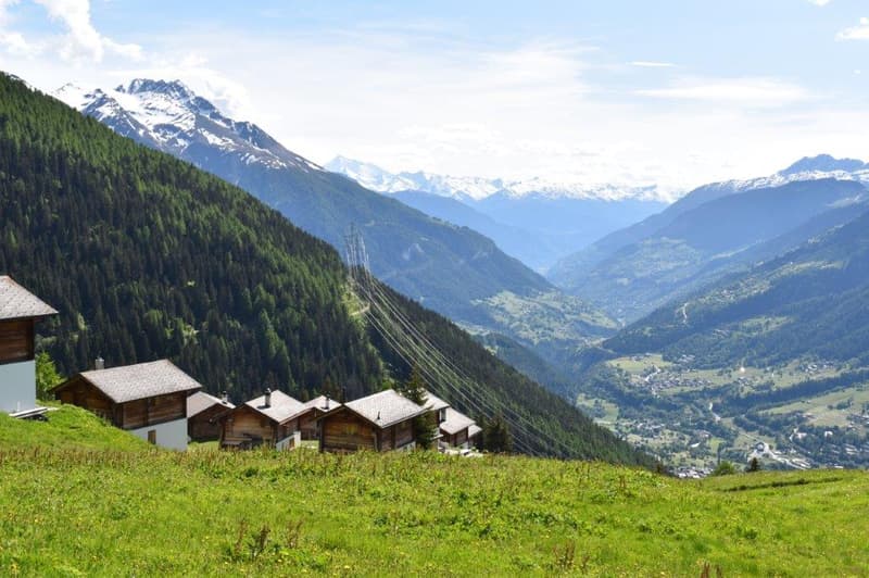 The image shows a scenic mountain landscape with snow-capped peaks, dense forests, and a valley below. There are several wooden cabins or chalets situated on a grassy hillside, overlooking the valley. The scene depicts a picturesque alpine setting.