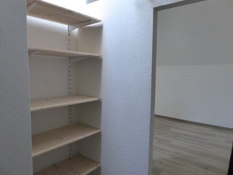empty room with shelves and wooden floor
