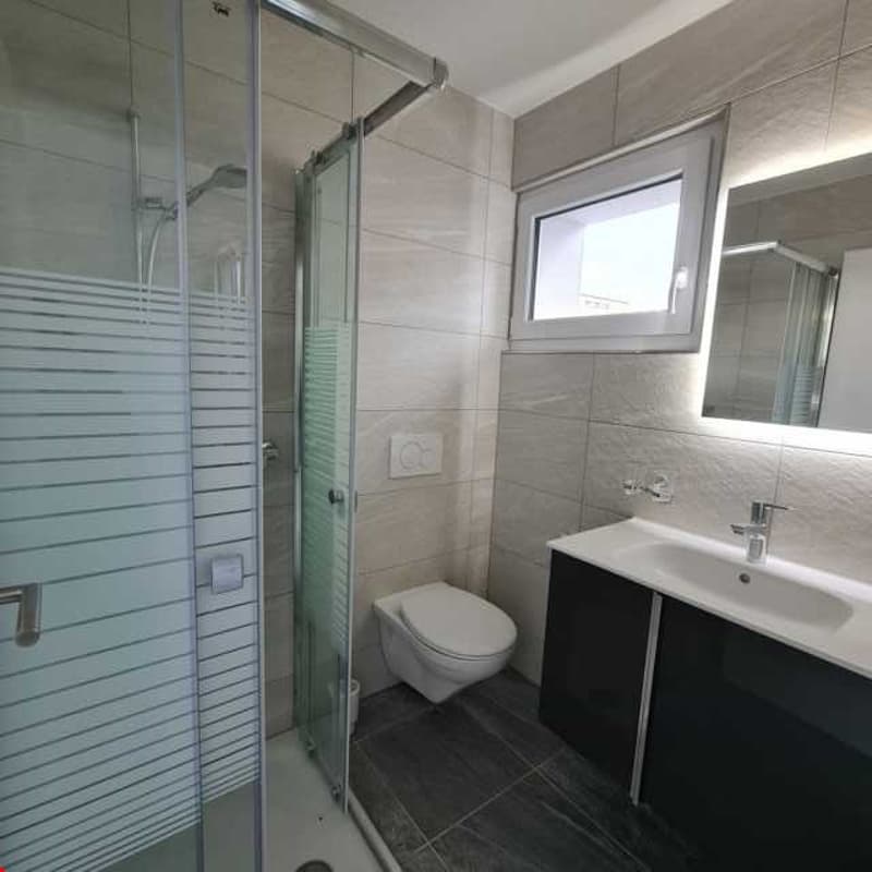 modern bathroom with glass shower enclosure, white sink, white toilet, white tiles, mirror