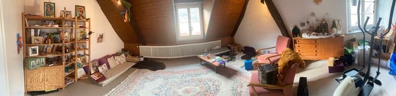 A room with a shelf, chairs, radiator, carpet, table, and windows.