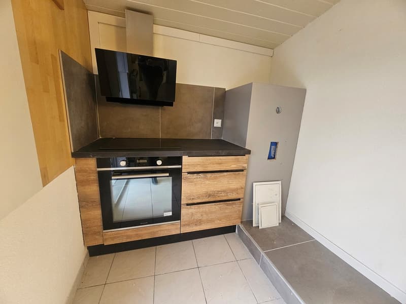 Kitchen with oven, hood, stove, sink, and refrigerator