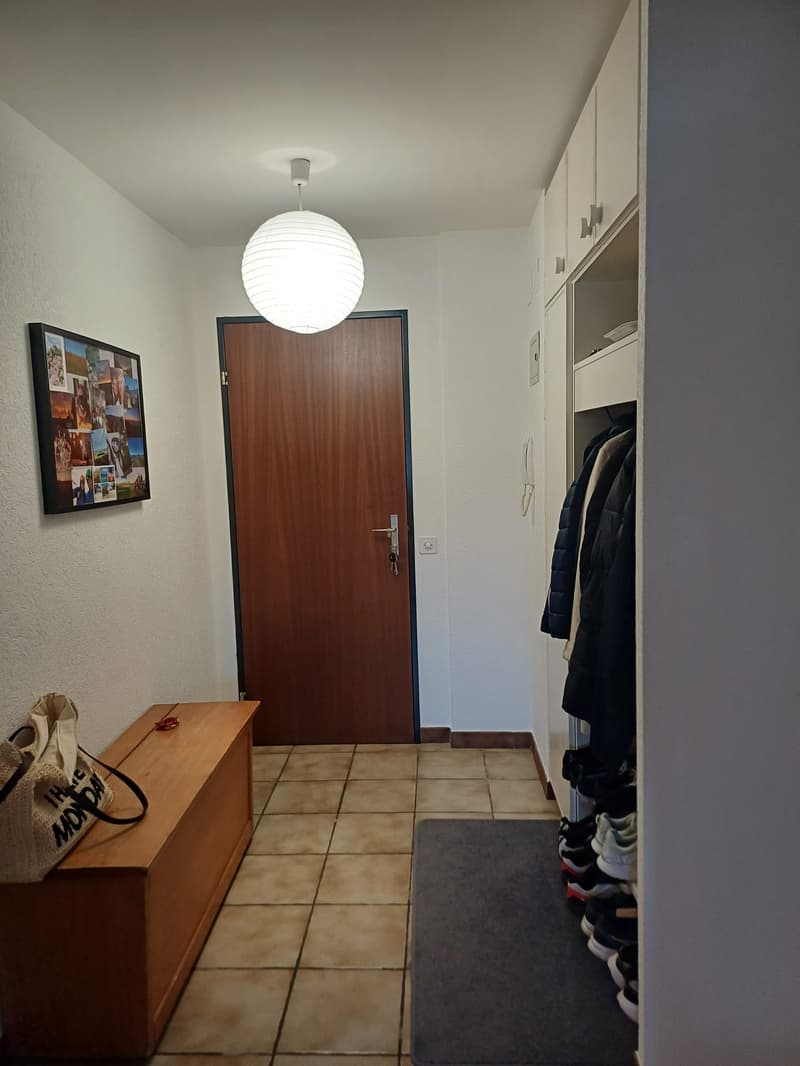 Entrance hall with wooden bench, picture frame, wooden door, wardrobe, shoes, lamp