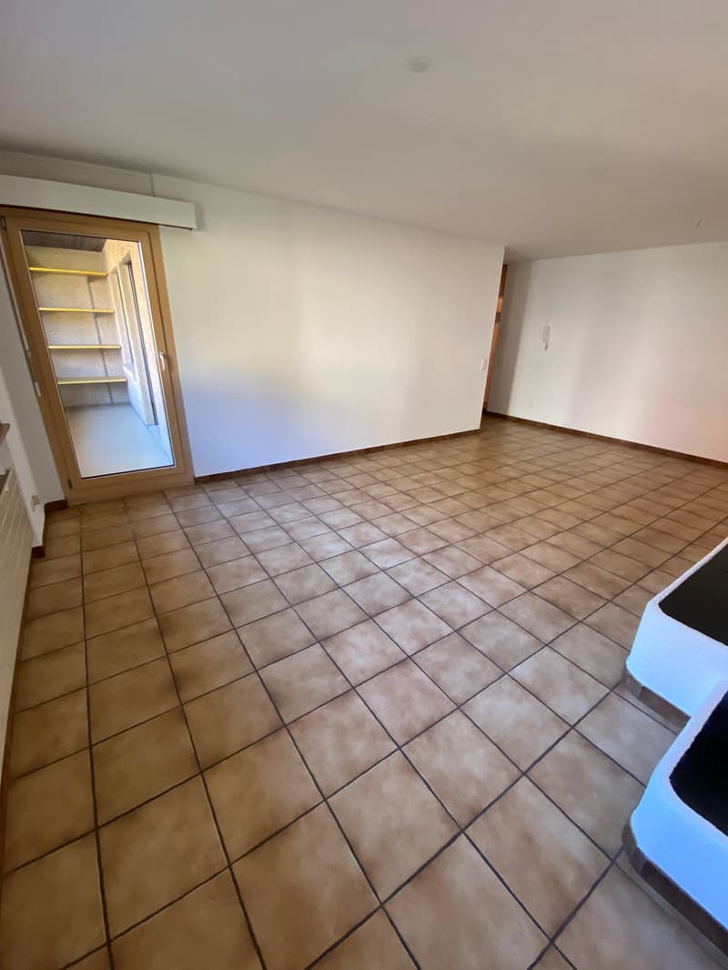 empty room, tiled floor, white walls, glass door, shelves, radiator