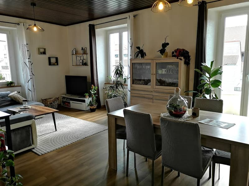 Living room with wooden floor, dining table, chairs, couch, TV, cabinet, plants, rug, lamps