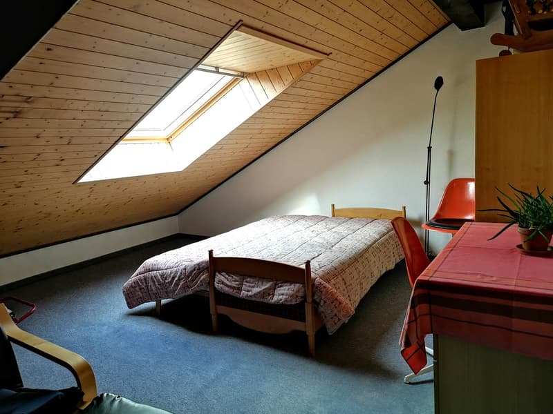 small bedroom with wooden bed, wooden ceiling, skylight, wooden furniture, carpeted floor