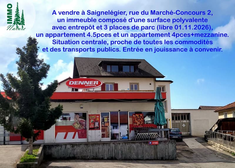 A vendre immeuble avec grande surface polyvalente, 3 places de parc, 2 appartements (1)