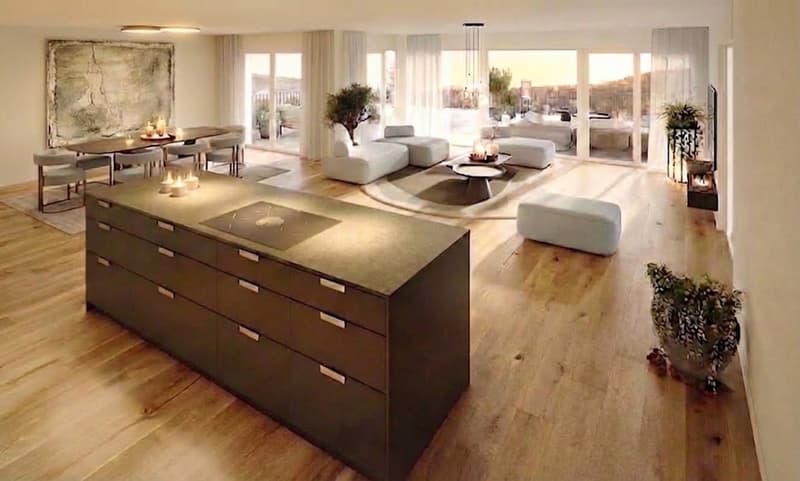 Open plan living and dining area with large windows, wooden floor, modern furniture, kitchen island, dining table, and a view of the city
