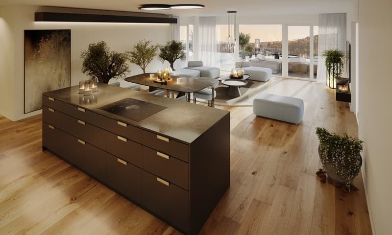 modern kitchen with large island, wooden floor, large windows, dining table, living area with couches, plants, and artwork