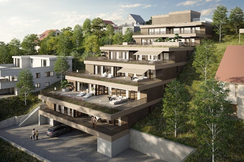Multi-story building with multiple balconies, raised ground floor, and a car park