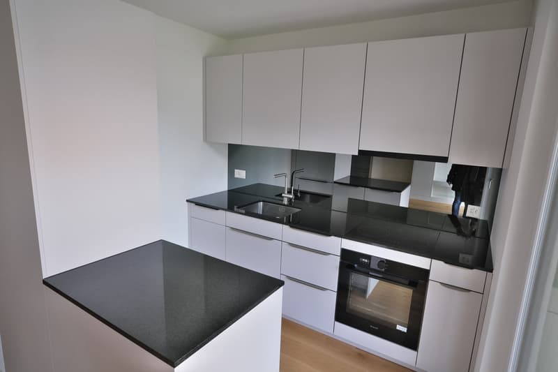 modern kitchen with white cabinets, black countertops, stainless steel sink, oven, dishwasher, power outlets