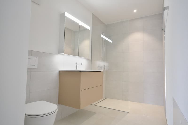 modern bathroom with white tiles, glass shower enclosure, mirror, sink, and toilet