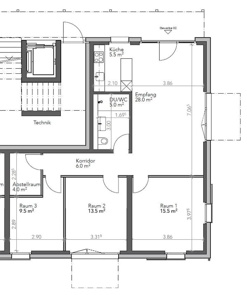 Floor plan with living room, kitchen, 3 bedrooms, storage room, bathroom, corridor, stairwell