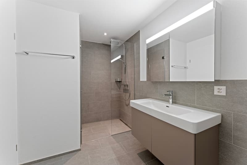 Bathroom with a shower, sink, and a cabinet.