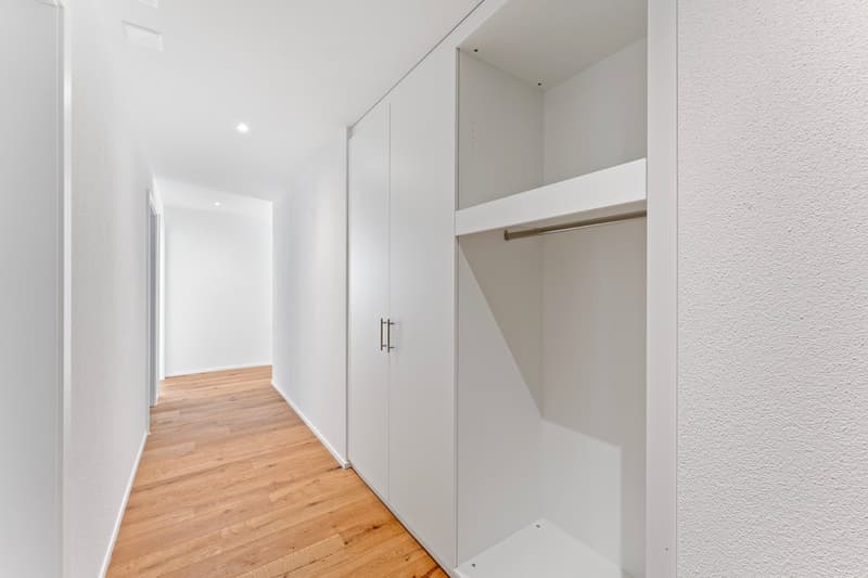 Hallway with wooden floor and white walls, white wardrobes, closet with hanging rack