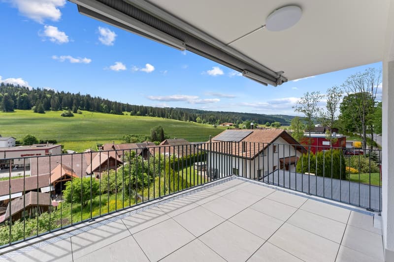 wide view of landscape, tile floor, black metal railings