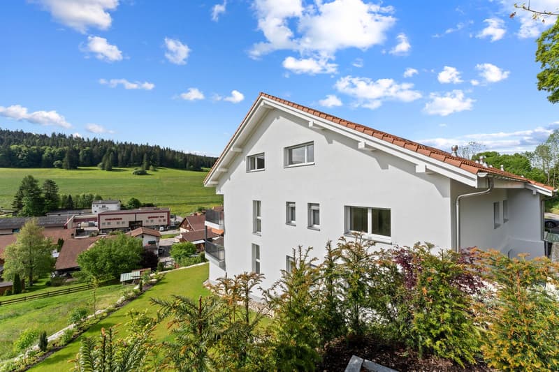 Detached 2-storey house, white, with brown roof, 4 windows, located in a lush environment with trees and grass